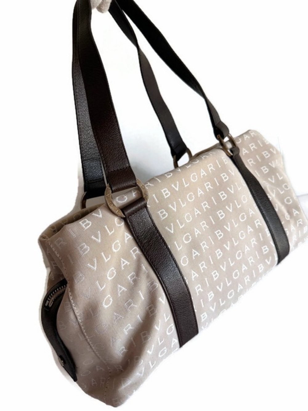Bulgari Beige Logo Shoulder Bag with Brown Trim and Lilac Interior